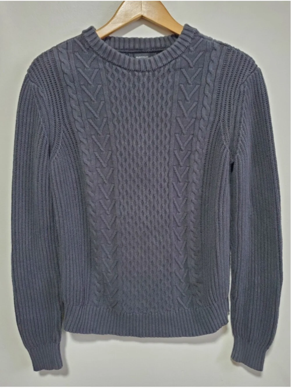 BUFFALO DAVID BITTON Cable Knit Fisherman Sweater Grey Small Crewneck Minimalist
